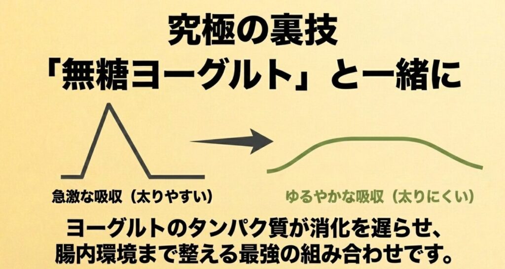 きな粉ねじり：ヨーグルトのタンパク質が消化を遅らせ、急激な吸収を防ぐだけでなく、腸内環境まで整える最強の組み合わせであることを示す図。
