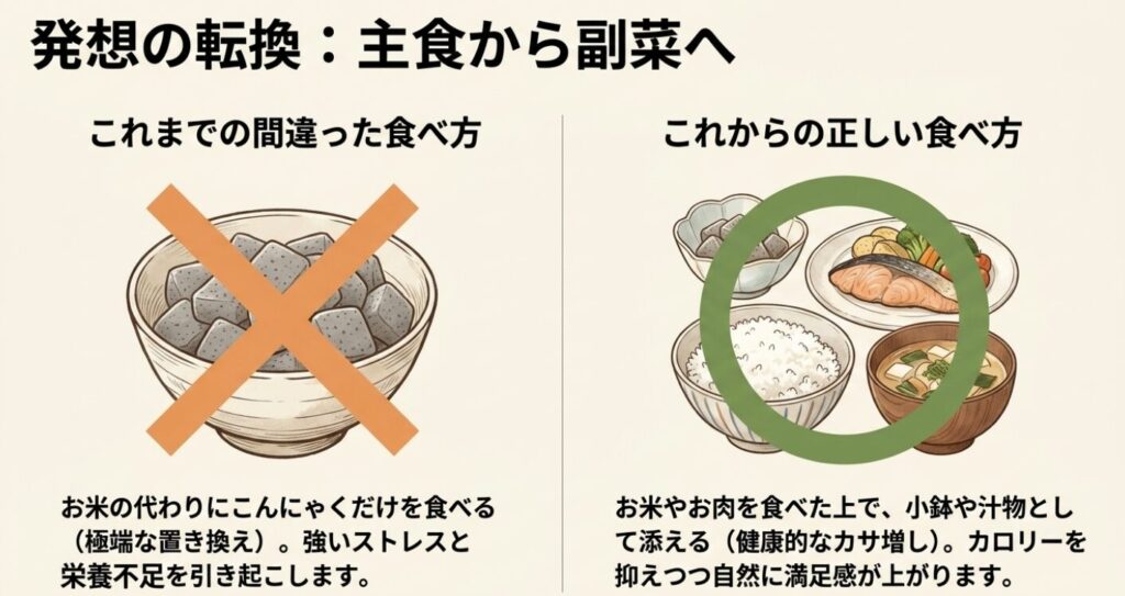 こんにゃくダイエット：発想の転換：主食から副菜へ。これまでの間違った食べ方（お米の代わりにこんにゃくだけを食べる極端な置き換え）と、これからの正しい食べ方（お米やお肉を食べた上で小鉢や汁物として添える健康的なカサ増し）を比較したイラスト。