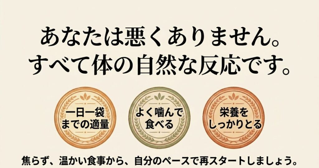 こんにゃくダイエット：まとめスライド。「一日一袋までの適量」「よく噛んで食べる」「栄養をしっかりとる」という3つの基本ルールがメダル形式で並び、「あなたは悪くありません。すべて体の自然な反応です。焦らず、温かい食事から、自分のペースで再スタートしましょう」という応援メッセージが書かれた画像。
