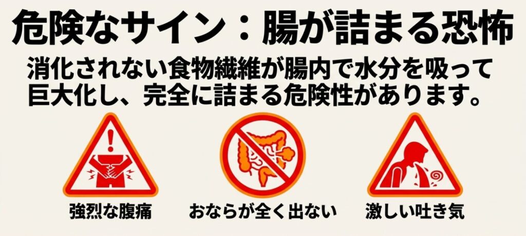 こんにゃくダイエット：危険なサイン：腸が詰まる恐怖。不溶性食物繊維が腸内で巨大化して詰まる危険性。強烈な腹痛、おならが全く出ない、激しい吐き気という3つのサインと、自己判断での下剤は腸破裂の危険があるため厳禁であり、すぐに病院へ向かうよう促す警告。