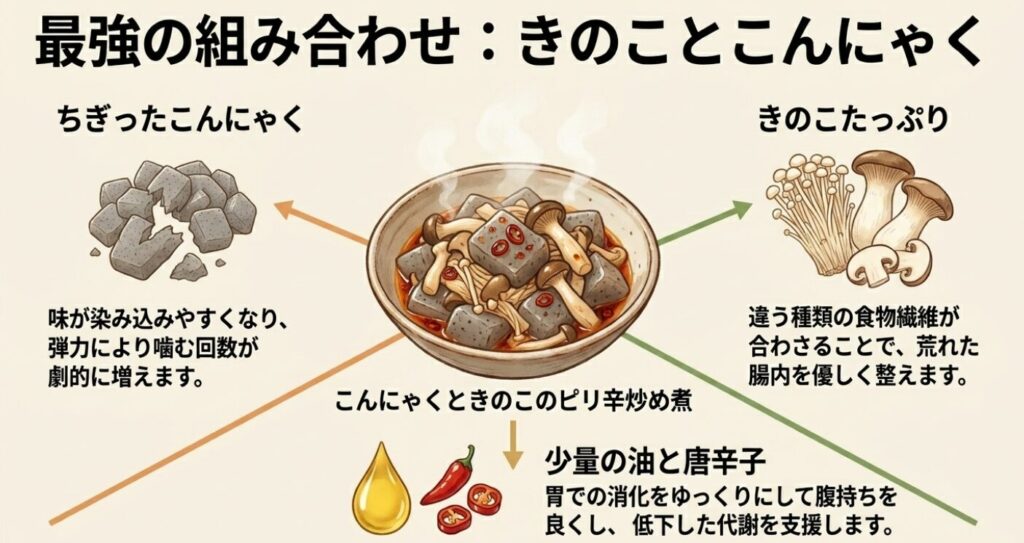 こんにゃくダイエット：最強の組み合わせ：きのことこんにゃく。「ちぎったこんにゃく」で噛む回数劇的アップ、「きのこたっぷり」で違う種類の食物繊維を合わせ腸内を整える、「少量の油と唐辛子」で胃での消化をゆっくりにして腹持ちを良くし代謝を支援するという解説と、料理のイラスト。