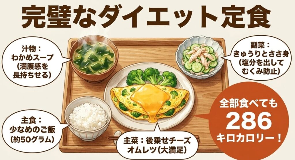 全部食べても286キロカロリーの「完璧なダイエット定食」のスライド。汁物(わかめスープ)、副菜(きゅうりとささ身)、主食(少なめのご飯約50g)、主菜(後乗せチーズオムレツ)の組み合わせを提示している