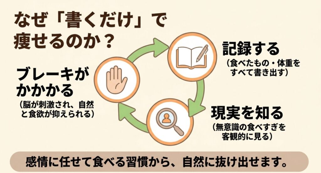 レコーディングダイエット：食べたものすべてを記録することで現実を知り、脳が刺激されて自然と食欲が抑えられる仕組み