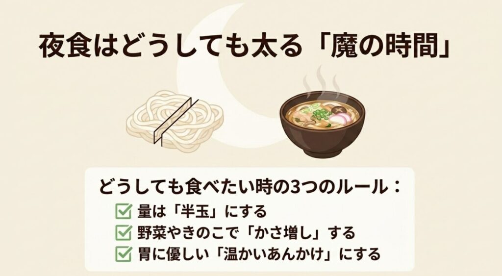 夜食でうどんを食べる時の3つのルール（半玉、かさ増し、温かいあんかけ）