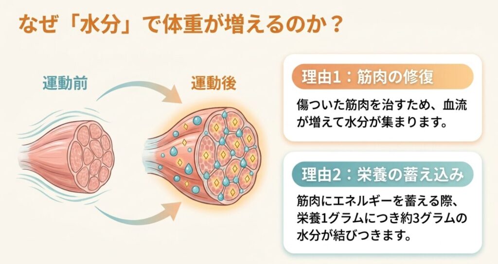 縄跳びダイエット：筋肉の修復と栄養の蓄え込みのために水分が集まるメカニズム。栄養1グラムにつき約3グラムの水分が結びつく図解