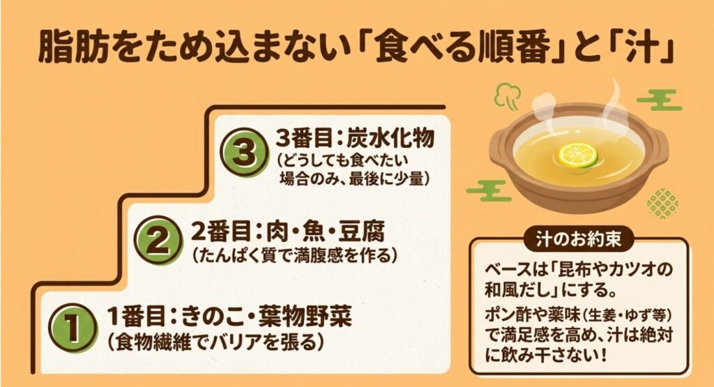 野菜だけの鍋：1番目にきのこ・葉物野菜、2番目に肉・魚・豆腐、3番目に炭水化物という食べる順番と、和風だしの汁を飲み干さないルール