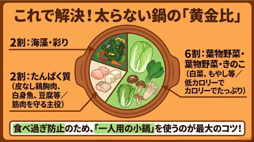 野菜だけの鍋：葉物野菜・きのこ6割、たんぱく質2割、海藻・彩り2割という太らない鍋の具材の黄金比グラフ