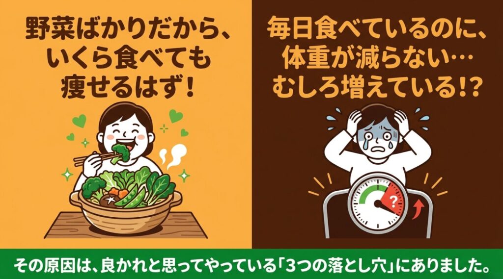 野菜だけの鍋：野菜ばかり食べているのに体重が減らない、むしろ増えているとショックを受ける女性のイラスト
