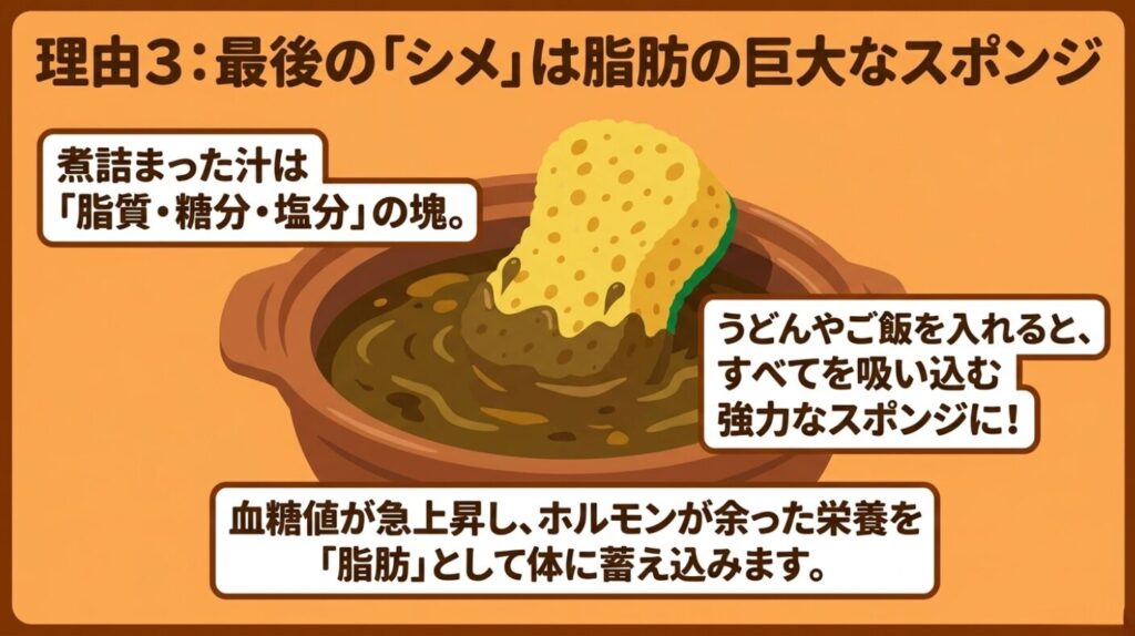野菜だけの鍋：煮詰まった鍋の汁は脂質・糖分・塩分の塊であり、うどんやご飯を入れるとすべてを吸い込む強力なスポンジになる解説