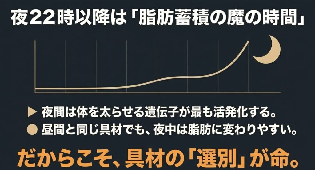 夜のおでん:夜22時以降は脂肪蓄積の魔の時間であることを示すグラフ。夜間は体を太らせる遺伝子が活発化するため、昼間と同じ具材でも脂肪に変わりやすいことを解説。