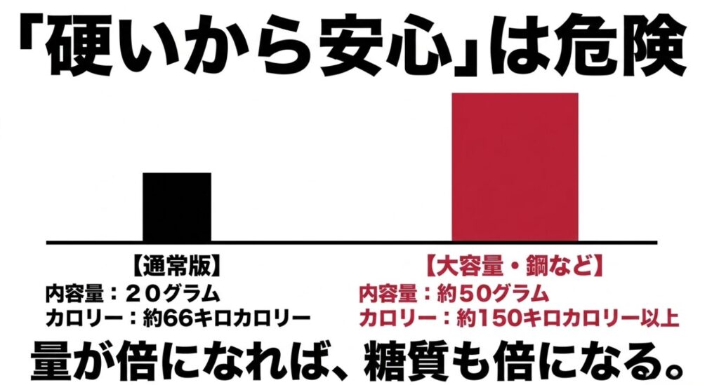 忍者めしの通常版（20g・約66kcal）と大容量・鋼（約50g・約150kcal以上）の比較