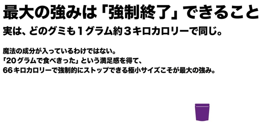 忍者めし：どのグミもカロリーは同じだが、忍者めしは20g・66キロカロリーで強制終了できることが最大の強み