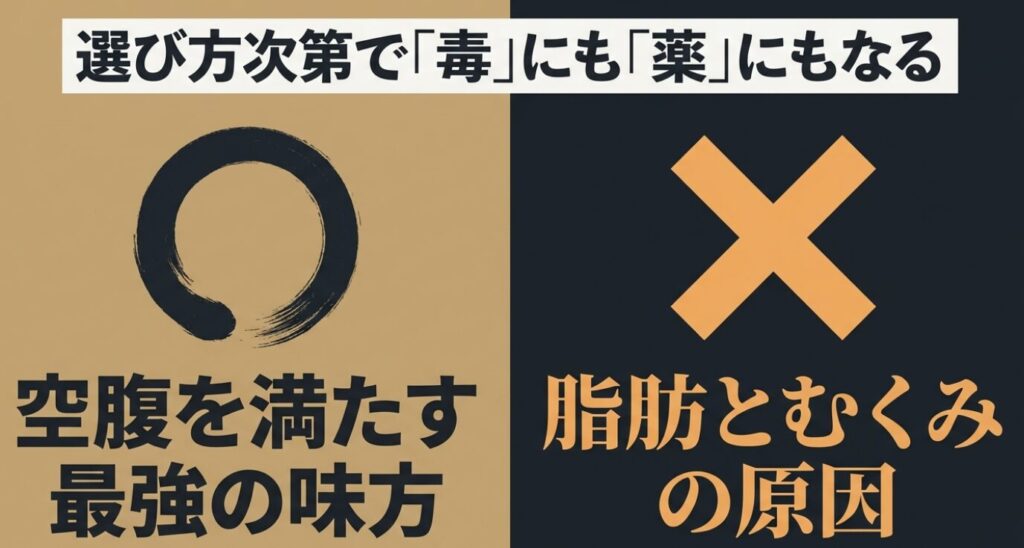 夜のおでん:選び方次第で毒にも薬にもなることを示すスライド。空腹を満たす最強の味方であると同時に、脂肪とむくみの原因にもなることを丸とバツの図解で表現。