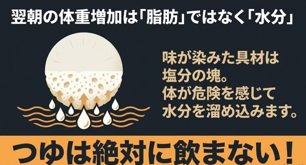 夜のおでん:味が染み込んだ大根がスポンジのように水分を吸い上げているイラスト。翌朝の体重増加の原因が塩分による水分の蓄積であり、つゆを絶対に飲んではいけないことを警告。