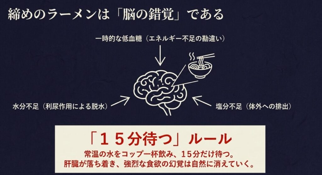 日本酒：締めのラーメンは一時的な低血糖や水分・塩分不足による脳の錯覚であり、常温の水をコップ一杯飲んで15分待つことで食欲の幻覚が消えていくことを示す図