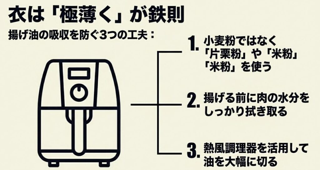 唐揚げダイエット:衣は極薄くし、片栗粉や米粉を使う、肉の水分を拭き取る、熱風調理器を活用するといった揚げ油の吸収を防ぐ工夫をまとめたスライド