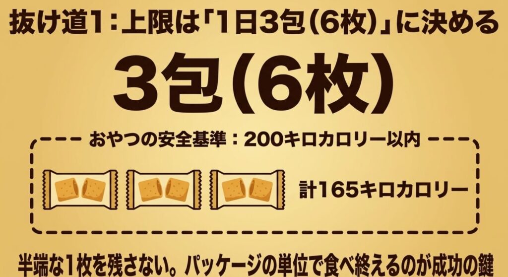 ホームパイ:おやつの安全基準である200キロカロリー以内に収めるため、1日3包(6枚、計165キロカロリー)を上限とし、パッケージ単位で食べ終えることを勧めるスライド画像。