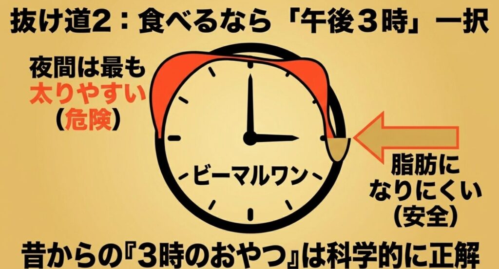 ホームパイ:脂肪を蓄積しやすい夜間を避け、BMAL1(ビーマルワン)の分泌が少なく脂肪になりにくい午後3時におやつを食べるのが科学的に正解であることを示すスライド画像。
