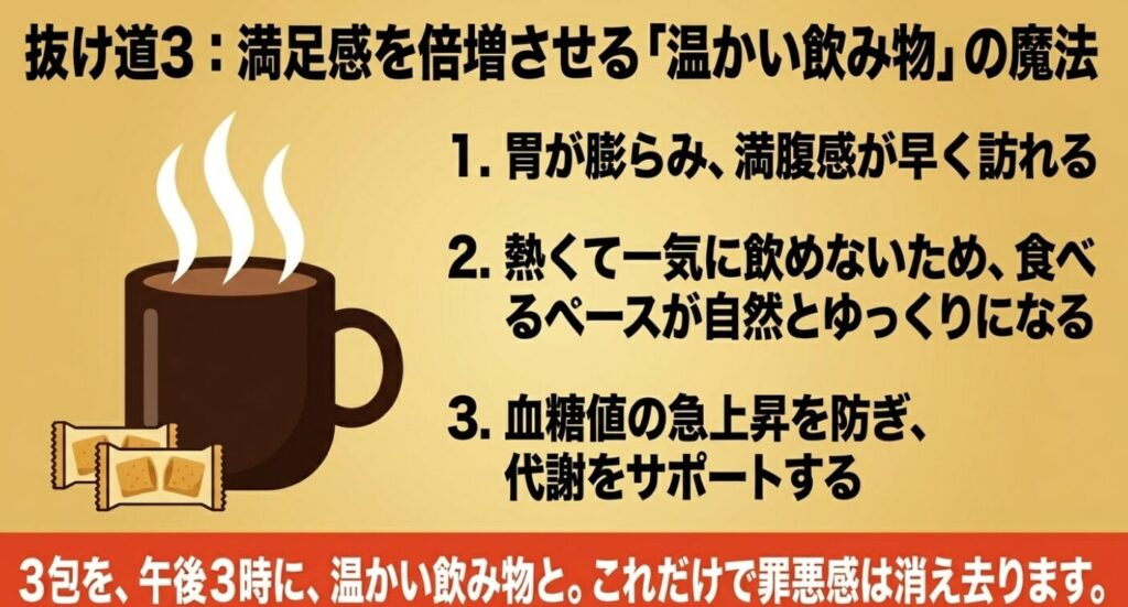 ホームパイ:湯気が立つマグカップと個包装のパイのイラストと共に、温かい飲み物が満腹感を高め、食べるペースをゆっくりにし、血糖値の急上昇を防ぐメリットをまとめたスライド画像。