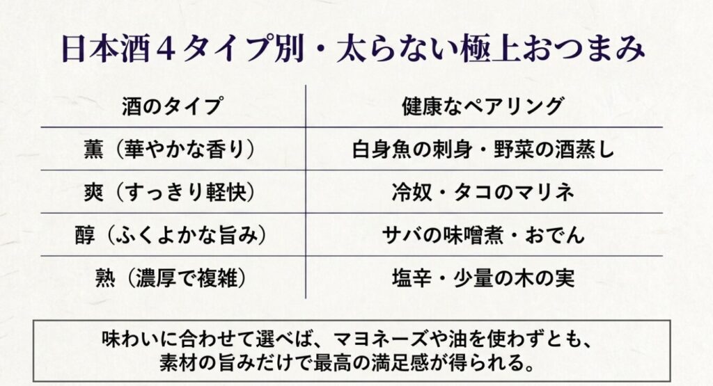 日本酒：薫・爽・醇・熟という日本酒の4タイプ別に、白身魚の刺身や冷奴、サバの味噌煮、塩辛など健康的なペアリングをまとめた一覧表