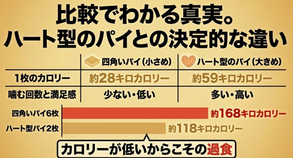 ホームパイ:四角いパイ(小さめ)とハート型のパイ(大きめ)のカロリーや噛む回数を比較し、カロリーが低いからこそ過食を招く罠を解説した表付きのスライド画像。