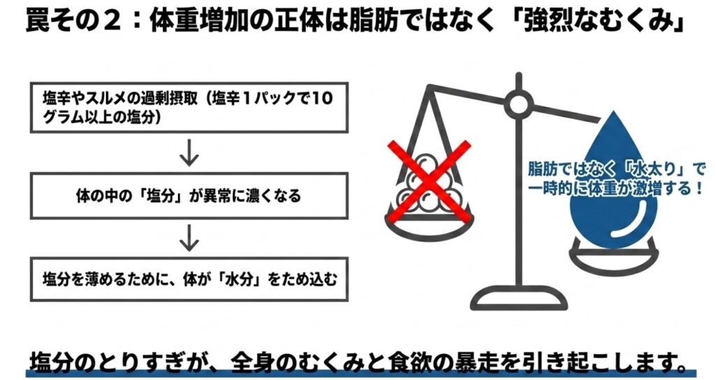 塩辛やスルメの過剰摂取で体内の塩分が濃くなり、それを薄めるために体が水分を溜め込むことで、脂肪ではなく「水太り」で体重が激増する仕組みを表したイラストスライド。