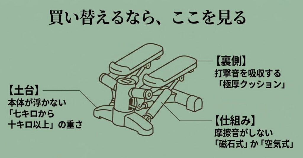 ステッパー:買い替え時に確認すべき、本体の重さ7キロから10キロ以上、裏側の極厚クッション、摩擦音がしない磁石式か空気式の仕組みについて
