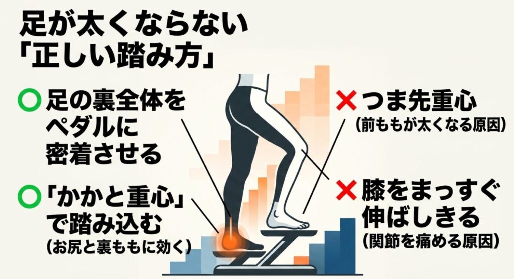 ステッパー：足が太くならない「正しい踏み方」 。足の裏全体をペダルに密着させ、「かかと重心」で踏み込むことでお尻と裏ももに効きます 。前ももが太くなる原因となるつま先重心や、関節を痛める原因となる膝をまっすぐ伸ばしきる動きは避けましょう 。