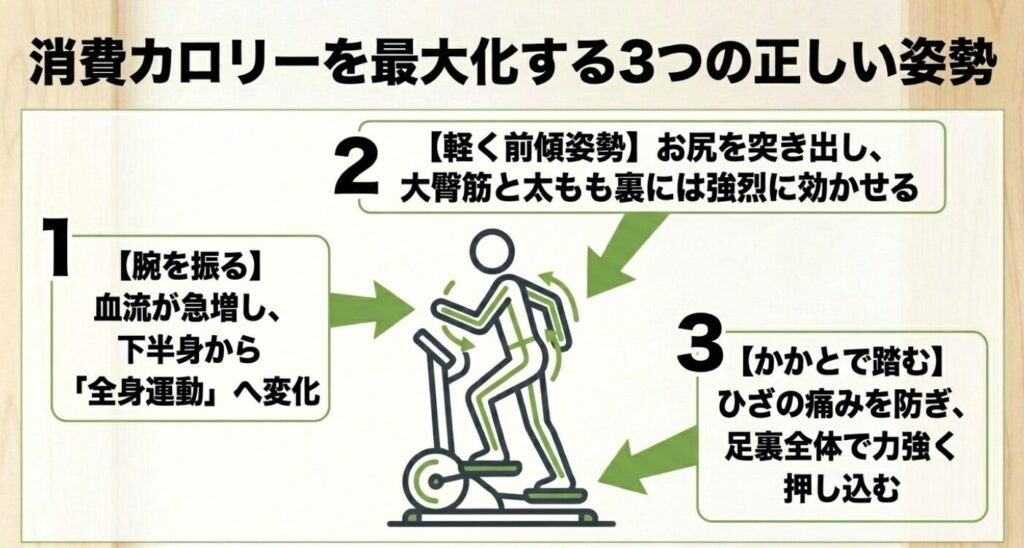 ステッパー：消費カロリーを最大化する3つの正しい姿勢として、腕を振る、軽く前傾姿勢になる、かかとで踏むというポイントの解説