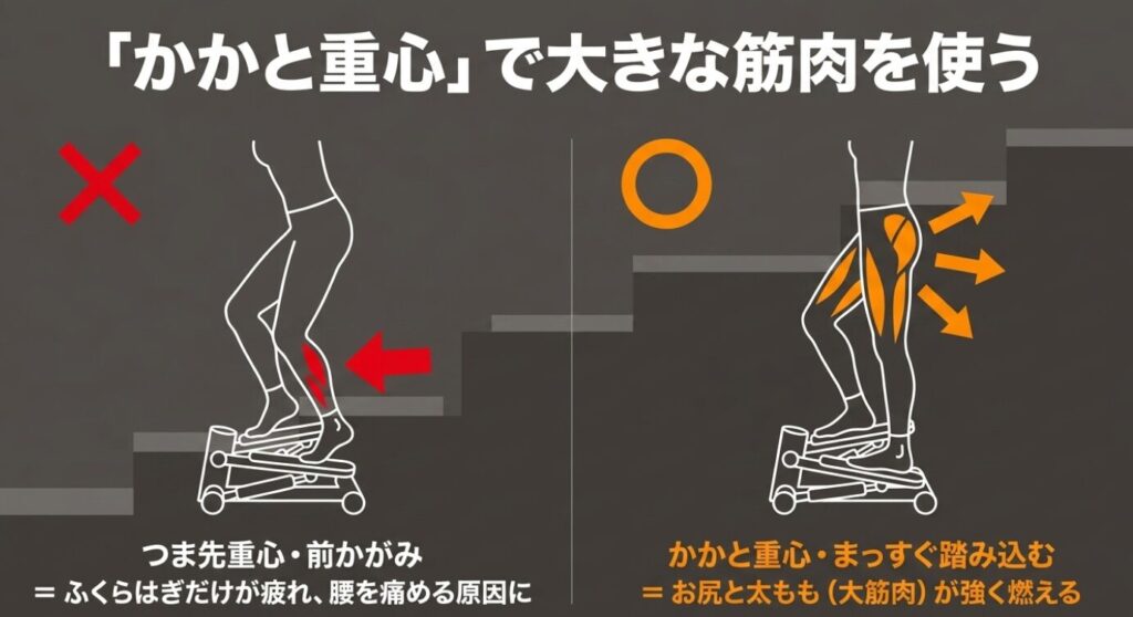 つま先重心ではなく、かかと重心でステッパーを踏み込むことでお尻と太ももの大きな筋肉を燃焼させる正しい姿勢のイラスト