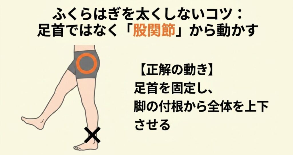 ステッパー：ふくらはぎを太くしないコツとして、足首を固定し、脚の付け根（股関節）から全体を上下させる正解の動きを図解したスライド 。