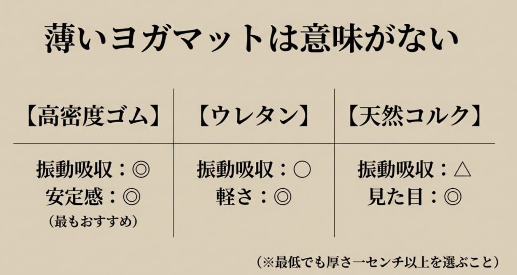 ステッパー:高密度ゴム、ウレタン、天然コルクの振動吸収性を比較し、最低でも厚さ1センチ以上を推奨する表