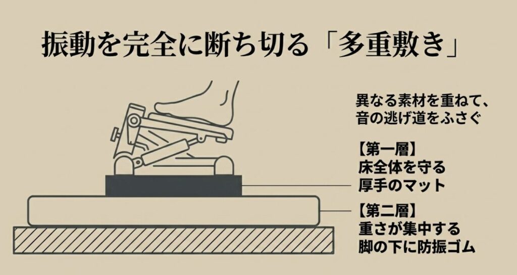 ステッパー:第一層に床全体を守る厚手のマット、第二層に重さが集中する脚の下に防振ゴムを重ねて音の逃げ道をふさぐ図解