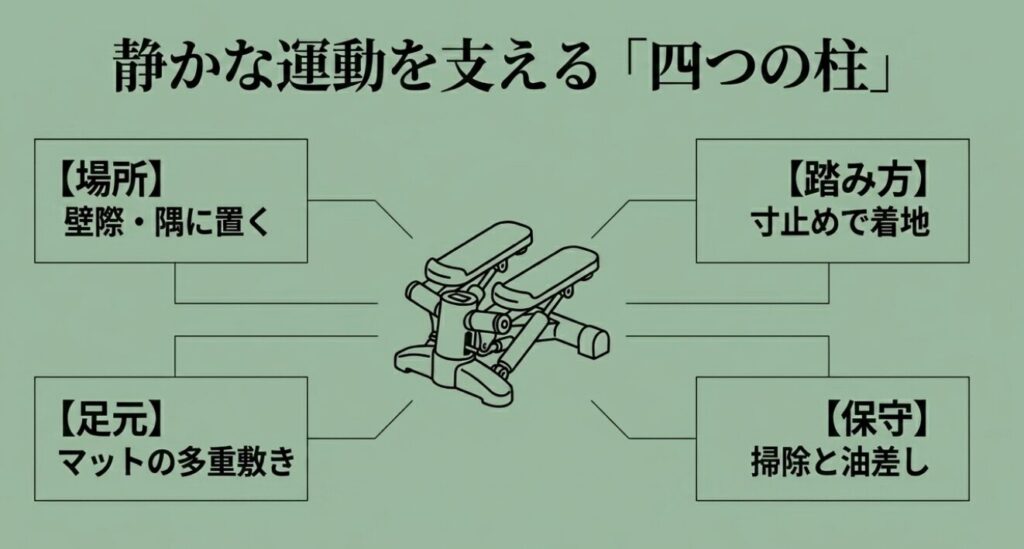 ステッパー:壁際・隅に置く、寸止めで着地、マットの多重敷き、掃除と油差しという、静かな運動を支える4つのポイントのまとめ図解