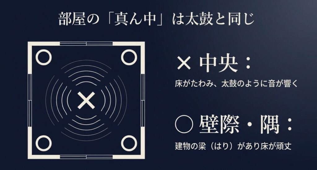 ステッパー:床がたわむ中央を避け、建物の梁があり床が頑丈な壁際や隅に設置することを推奨する図解