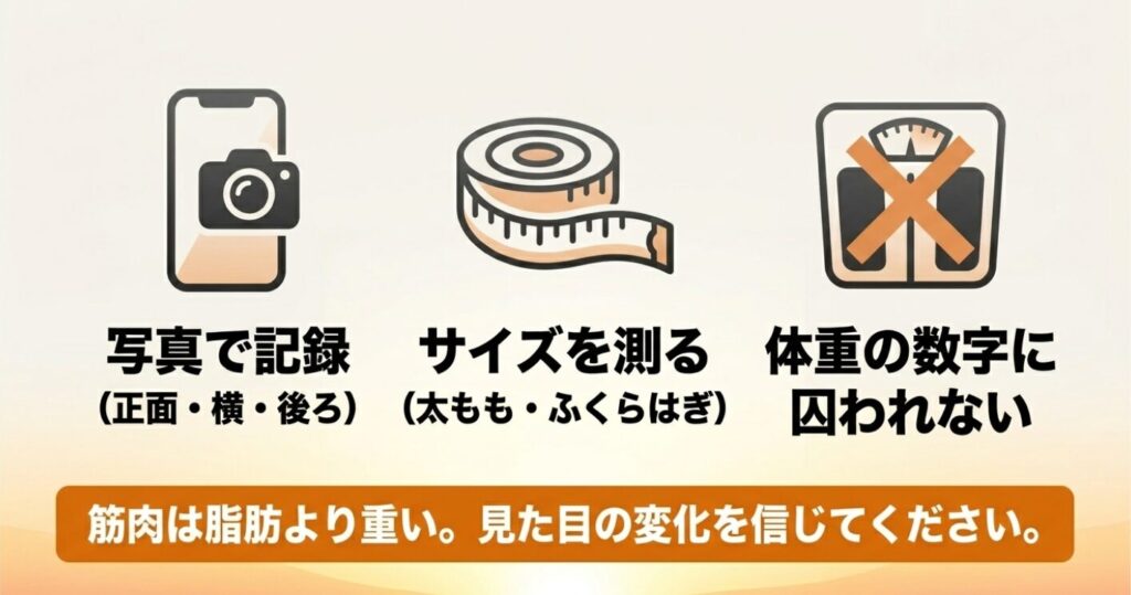 ステッパー：筋肉は脂肪より重いため体重の数字に囚われず、写真での記録やサイズを測って見た目の変化を信じることを促すスライド 。