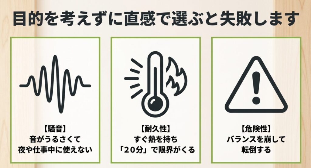 ステッパー：目的を考えずに直感で選ぶと失敗する理由として、騒音や20分で限界がくる耐久性の問題、バランスを崩して転倒する危険性を解説した図