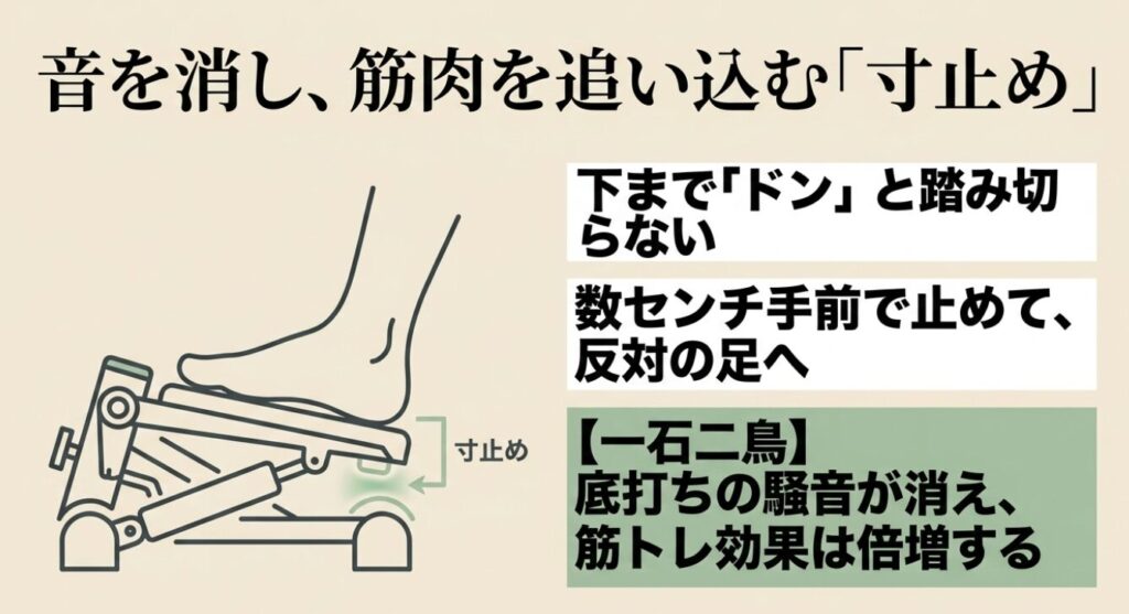 ステッパー:ペダルを下までドンと踏み切らず数センチ手前で寸止めし、底打ちの騒音を消して筋トレ効果を倍増させる踏み方の図解