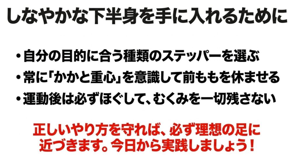 しなやかな下半身を手に入れるためのステッパー選び、姿勢、運動後ケアのまとめ