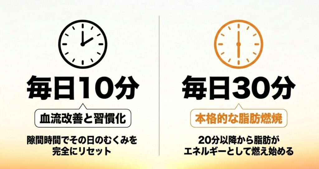 ステッパー：毎日10分の実施で血流改善と習慣化、毎日30分の実施で20分以降から始まる本格的な脂肪燃焼効果が得られることを解説したスライド 。