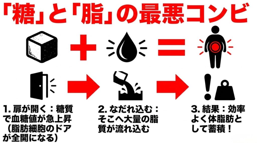コストコのパンオショコラ:糖と脂の最悪コンビ。糖質で血糖値が急上昇して脂肪細胞のドアが全開になり、そこへ大量の脂質が流れ込むことで効率よく体脂肪として蓄積される仕組み