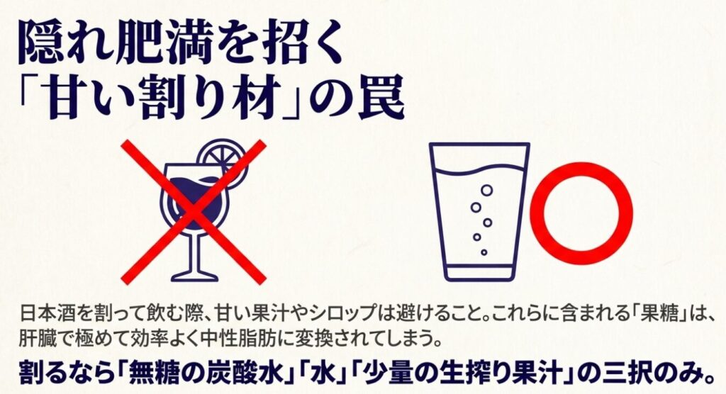 日本酒を割る際の甘い果汁やシロップに含まれる果糖は、肝臓で極めて効率よく中性脂肪に変換され隠れ肥満を招くため、無糖の炭酸水や水などを選ぶべきだと警告する図 。