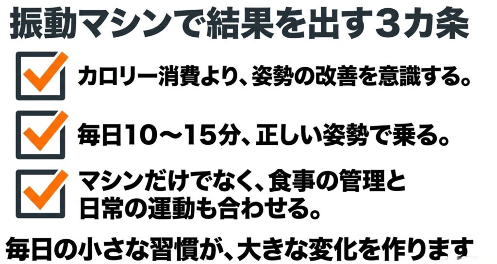 振動マシン：カロリー消費よりも姿勢改善を意識すること、毎日10〜15分正しい姿勢で乗ること、食事管理と日常の運動を合わせることという3つの秘訣