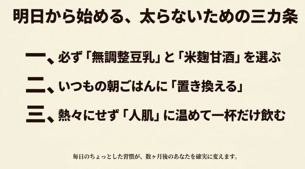 甘酒豆乳：必ず無調整豆乳と米麹甘酒を選び、朝ごはんに置き換え、人肌に温めて飲むという明日から始める三カ条 。