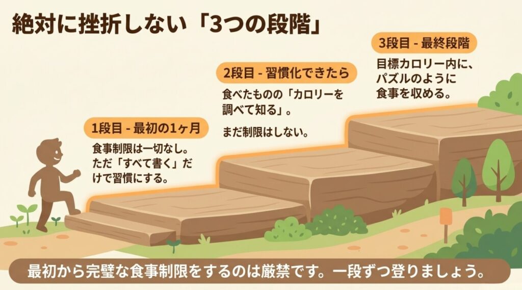 レコーディングダイエット：最初から完璧な食事制限をするのは厳禁。まずはすべて書き、次にカロリーを知り、最後に目標カロリー内に収める3つの段階