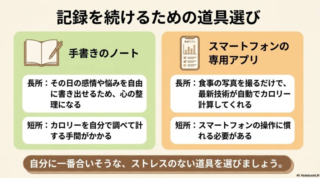 レコーディングダイエット：手書きのノートとスマートフォンの専用アプリ、それぞれの長所と短所。自分に一番合いそうなストレスのない道具を選ぶ