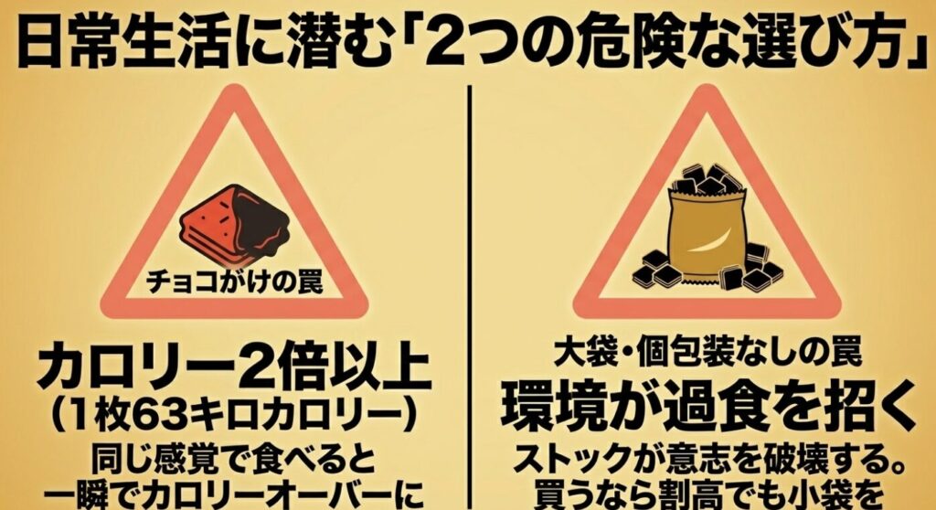 ホームパイ:チョコがけによるカロリーオーバー(チョコがけの罠)と、大袋・個包装なしによる過食(大袋の罠)の2つの危険な選び方を解説したスライド画像。