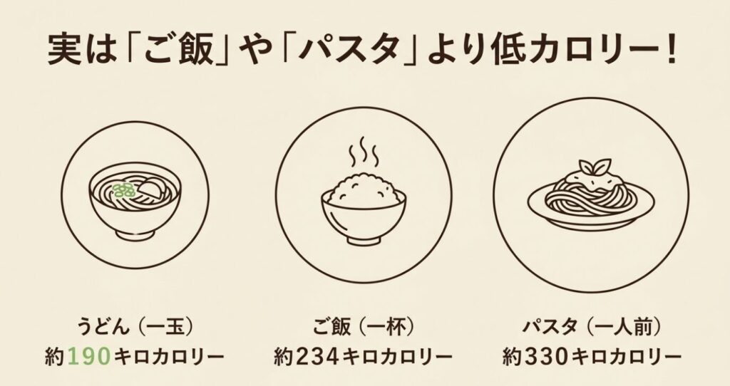 うどんはご飯やパスタよりも低カロリーであることを示す比較イラスト
