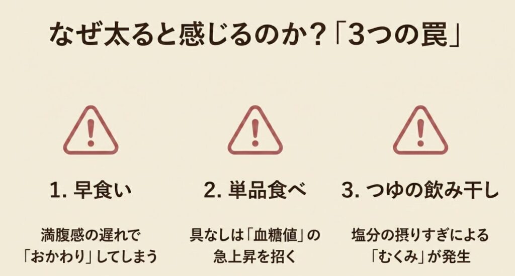 冷凍うどん：なぜ太ると感じるのか？早食い、単品食べ、つゆの飲み干しの3つの罠