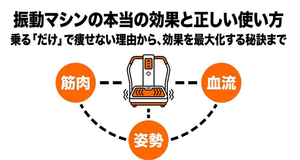 振動マシンの効果として「筋肉」「血流」「姿勢」の3つが密接に関連していることを示す図解